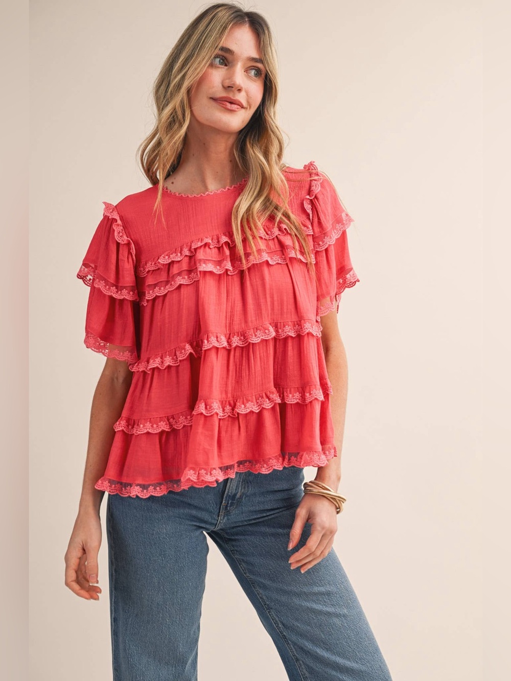 &MERCI CORAL ORANGE TIERED RUFFLE LACE TRIM SWING TOP
